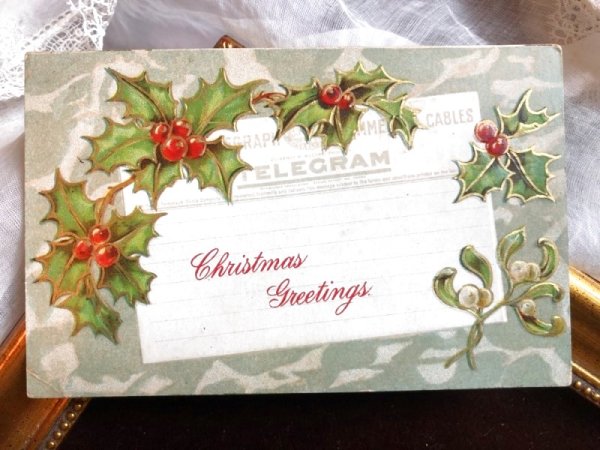 画像2: Postcard　クリスマス　電報　ホーリーとヤドリギ　アメリカ1910年 (2)