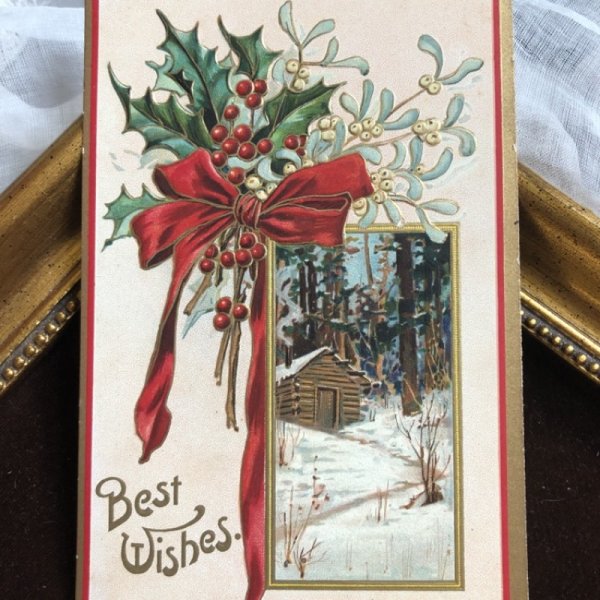 画像1: Postcard　クリスマス　ホーリーとヤドリギ　雪景色　（未使用） (1)