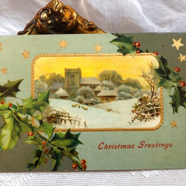 画像1: Postcard　クリスマス　ホーリーと教会の雪景色　星　1908年 (1)