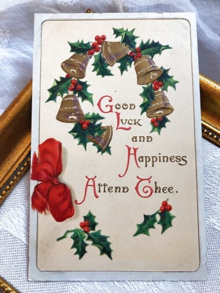 画像2: Postcard　クリスマス　ホーリーとベル　赤いリボン　1910年 (2)