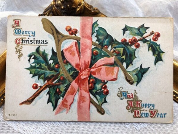 画像2: ▼SALE 500▼ Postcard クリスマス ホーリーとウィッシュボーン リボン (2)