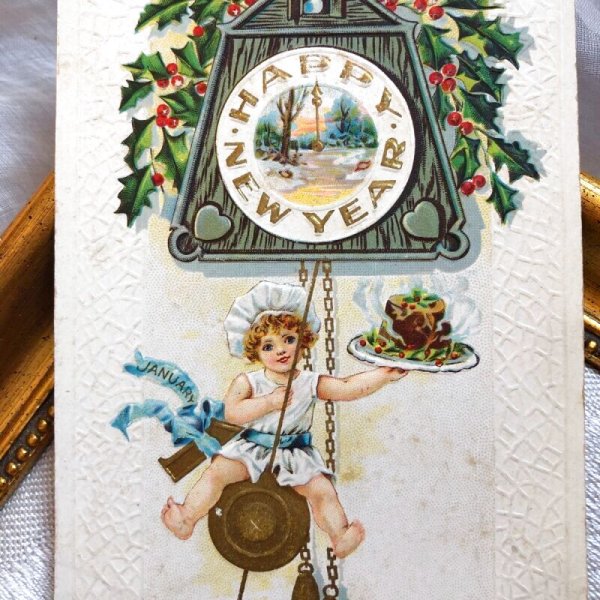 画像1: Postcard　New Year  新年を告げる小さなシェフ　時計 (1)
