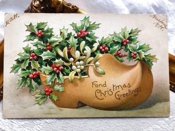 画像2: Postcard　クリスマス　木靴の中のホーリーとヤドリギ　Ellen Clapsaddle (2)