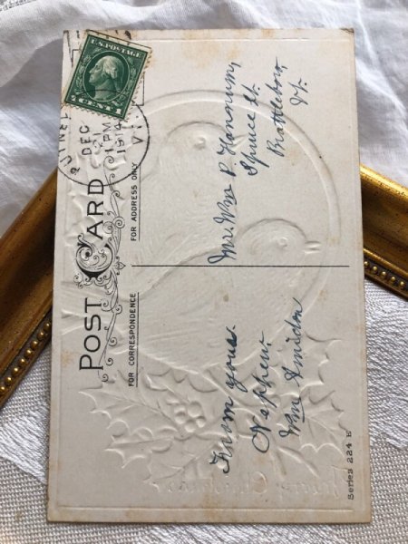 画像3: Postcard クリスマス ホーリーと小鳥 ロビン アメリカ1914年 (3)