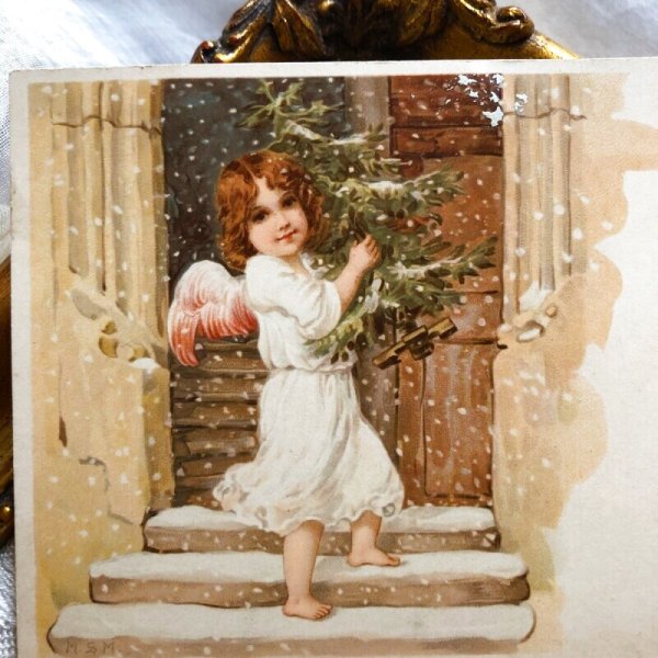 画像1: Postcard　クリスマス　ツリーを届けに来た天使　1904年 (1)