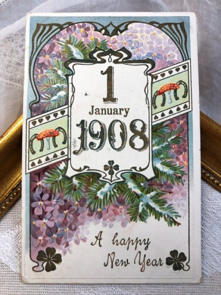 画像1: Postcard　新年祝い　New Year　スミレのお花　キノコ　馬蹄　1908　　 (1)