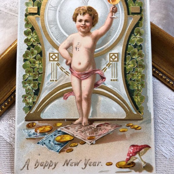 画像1: Postcard　新年祝い　New Year　祝杯をあげる天使　キノコ　金貨　 (1)