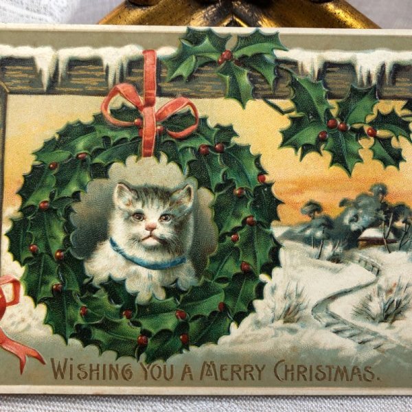 画像2: Postcard クリスマス リースの中の猫と雪景色 キノコ ホーリー (2)