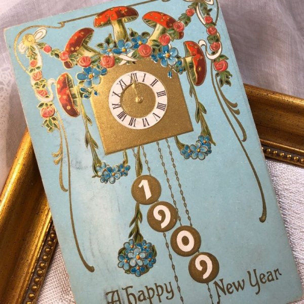 画像2: Postcard 新年祝い New Year 1909 新年を告げるキノコ時計 (2)
