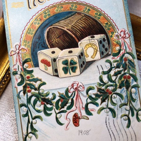 画像1: Postcard　新年祝い　New Year　キノコ　馬蹄 四葉クローバー　1908年 (1)