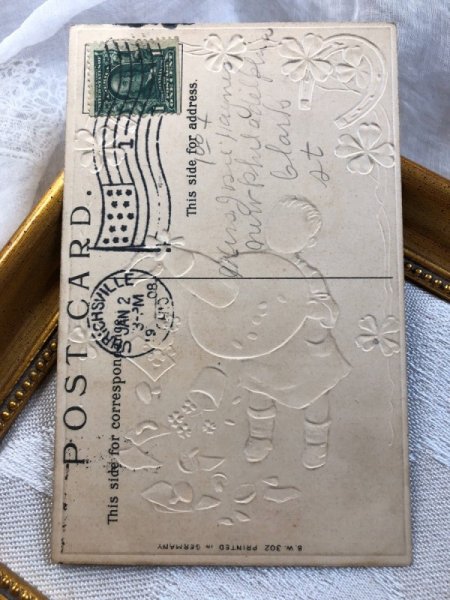 画像3: Postcard　新年祝い　New Year　幸運のラッキーチャームを落とす男の子　シャンパン　馬蹄　キノコ (3)