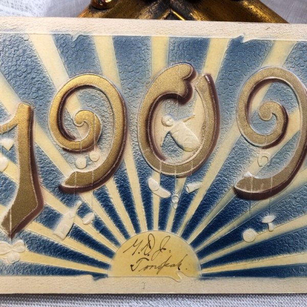画像2: Postcard 新年祝い New Year 1909 初日の出 キノコ 金貨 馬蹄 (2)