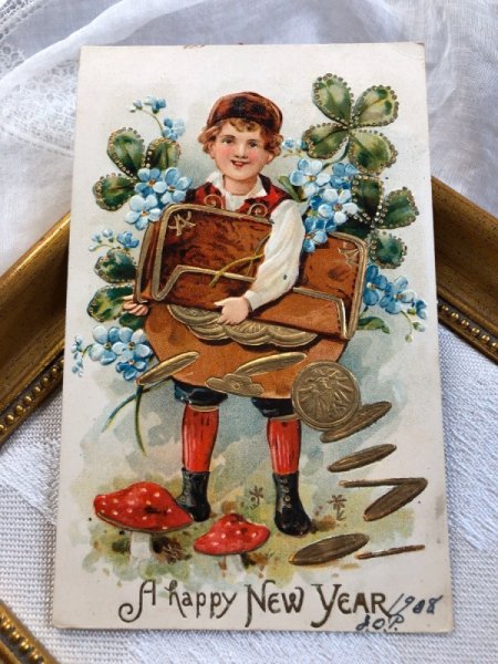 画像2: Postcard　新年祝い　New Year　鞄から金貨を振りまく男の子　キノコ　四葉 (2)
