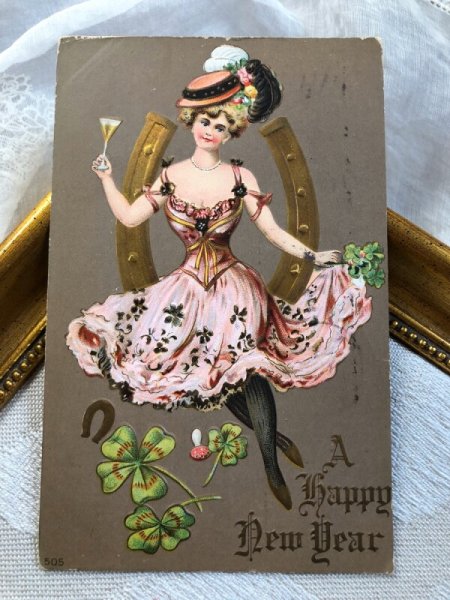 画像2: Postcard　新年祝い　New Year　祝杯をあげる女性　キノコ　馬蹄　四葉　 (2)