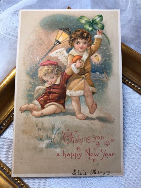 画像2: Postcard　新年祝い　New Year　キノコと四葉のクローバーを持つ天使　1907 (2)