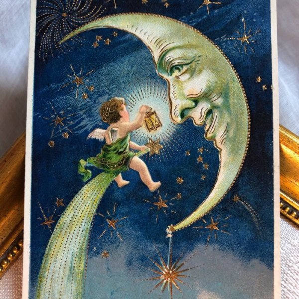 画像1: Postcard  新年祝い　お月様に新年のご挨拶をする天使　三日月　1908年 (1)