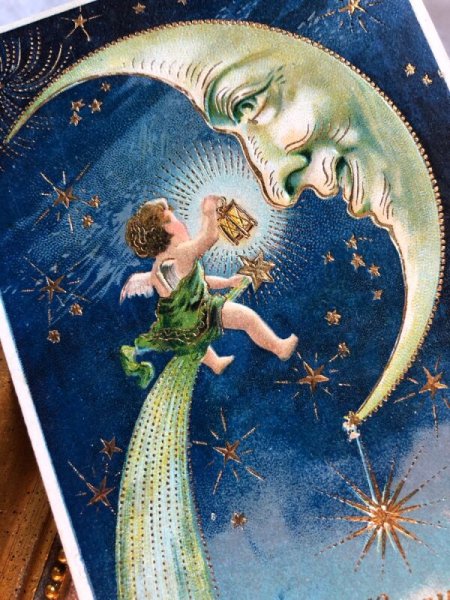 画像3: Postcard  新年祝い　お月様に新年のご挨拶をする天使　三日月　1908年 (3)