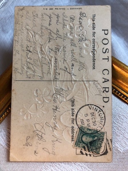 画像3: Postcard  新年祝い 四葉と金貨袋を運ぶ天使 1907年 (3)