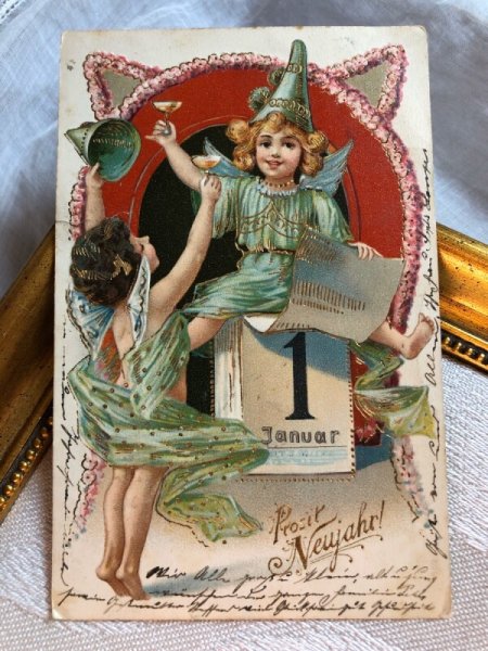 画像2: Postcard　新年祝い　New Year　新年をお祝いする天使の道化師さん　ドイツ1906年 (2)