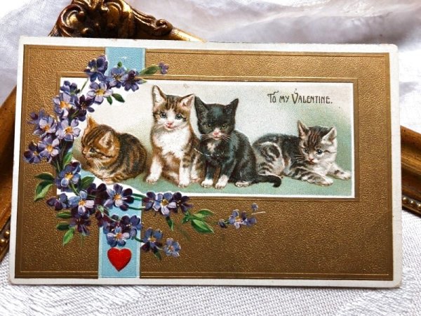 画像1: Postcard  バレンタイン　4匹の子猫たち　スミレのお花　Helena Maguire (1)