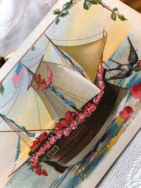 画像2: Postcard　バレンタイン　薔薇のお花とハートの帆船　ツバメ　Ellen Clapsaddle　 (2)