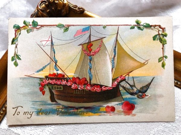 画像1: Postcard　バレンタイン　薔薇のお花とハートの帆船　ツバメ　Ellen Clapsaddle　 (1)