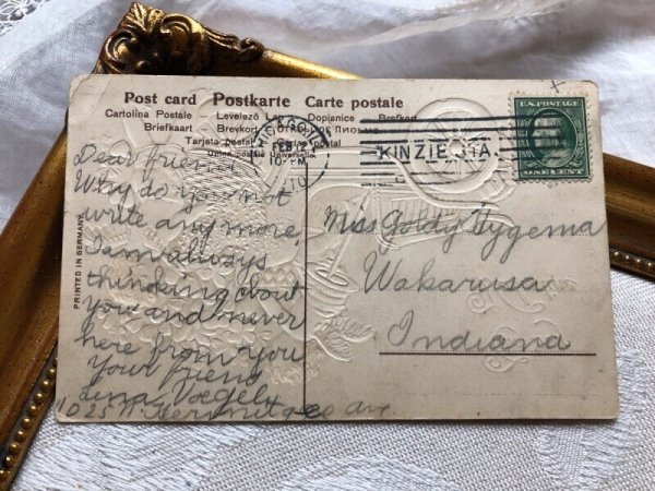 画像3: Postcard  バレンタイン ハートと四葉と忘れな草のお花を自動車に詰め込む天使 1910年 (3)