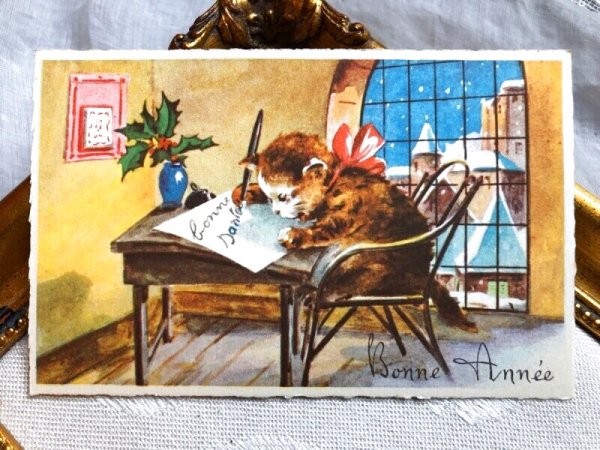 画像1: Postcard 　Bonne Annee  お手紙と猫さん　フランス　（未使用） (1)