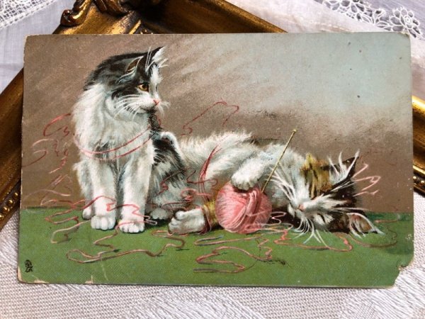 画像1: ▼SALE500▼　Postcard  毛糸と猫　アメリカ1910年 (1)