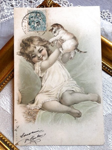 画像1: Postcard  　子猫と小さな女の子　Francis Brundage  フランス1903年 (1)