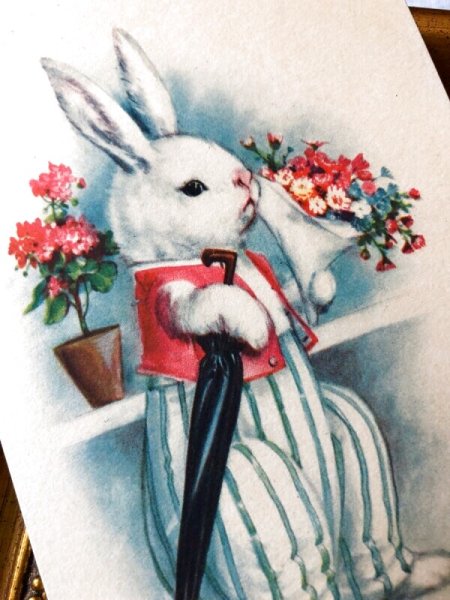 画像2: Postcard  イースター 花束と傘を持ったウサギさん Ellen Clapsaddle (未使用) (2)