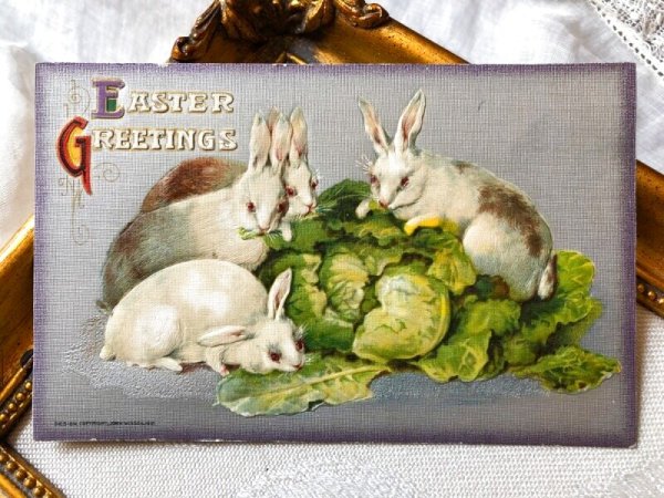 画像1: Postcard 　イースター　キャベツを食べるウサギさん　 (1)