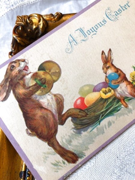 画像2: Postcard  イースター シンバルンを叩くウサギさんと卵を持つウサギさん (2)
