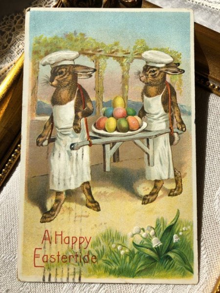 画像1: Postcard 　イースター　卵を運ぶウサギのコックさん　アメリカ1909年 (1)