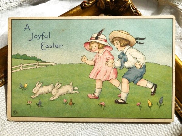 画像1: Postcard 　イースター　ウサギさんを追いかける子どもたち 1922年 (1)