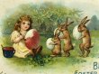 画像2: Postcard 　イースター　卵にペイントをする女の子と卵を持ち並ぶウサギさん (2)