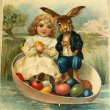 画像2: Postcard 　イースター　卵のボートに乗る女の子とウサギさん 1907年 (2)