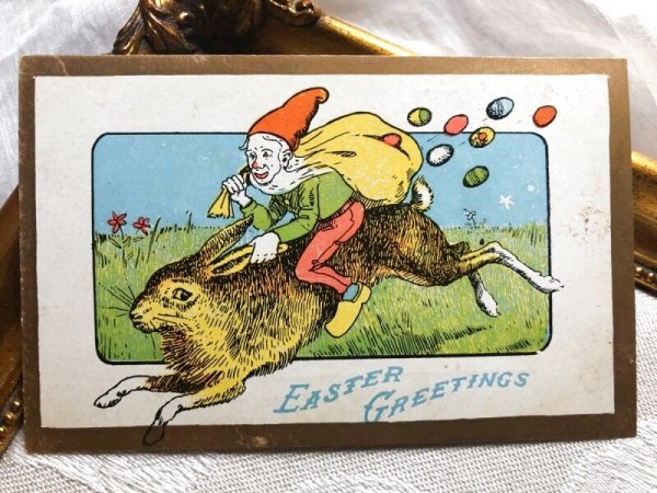 画像1: Postcard　ウサギに乗って卵を運ぶノーム妖精　 (1)
