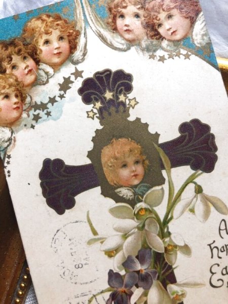 画像2: Postcard  イースター 十字架と天使 スノードロップとスミレのお花 Ernest Nister (2)