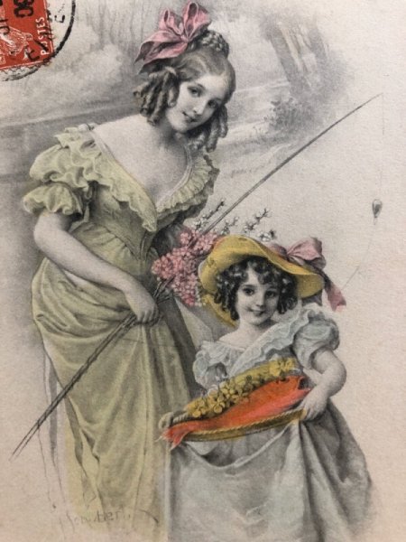 画像2: Postcard 4月の魚 フランス 魚と女の子たち 釣り竿 M.M.VIENNE (2)