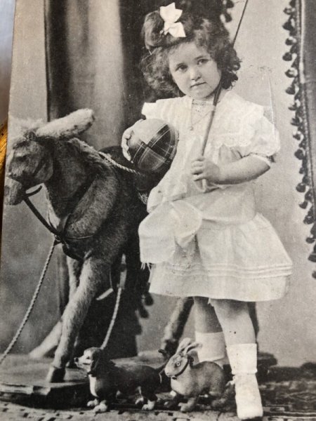 画像2: Postcard 木馬と女の子 ダックスフンド犬 ウサギ フランス1903年 (2)