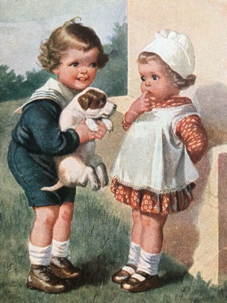 画像2: Postcard  子犬を女の子に見せる男の子 ラトビア1924年 Wally Fialkowska (2)
