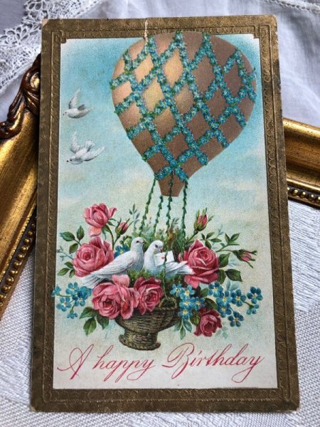 画像1: Postcard 　白鳩と薔薇と忘れな草のお花の気球 (1)