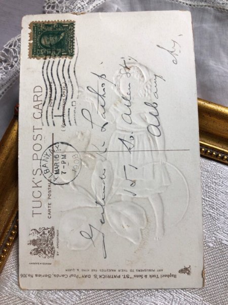 画像3: Postcard 　セントパトリックデー　大きな四葉を持つ女の子と子豚 1908年 (3)