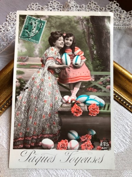 画像1: Postcard　イースター　ママと女の子　卵　フランス (1)