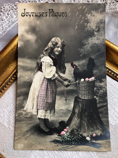 画像1: Postcard　ニワトリと女の子　鶏　フランス1910年 (1)