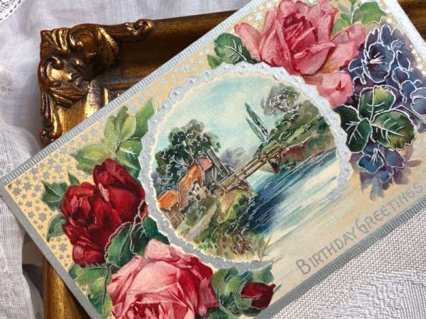 画像2: Postcard 薔薇とスミレのお花 水辺の風景 1910年 (2)