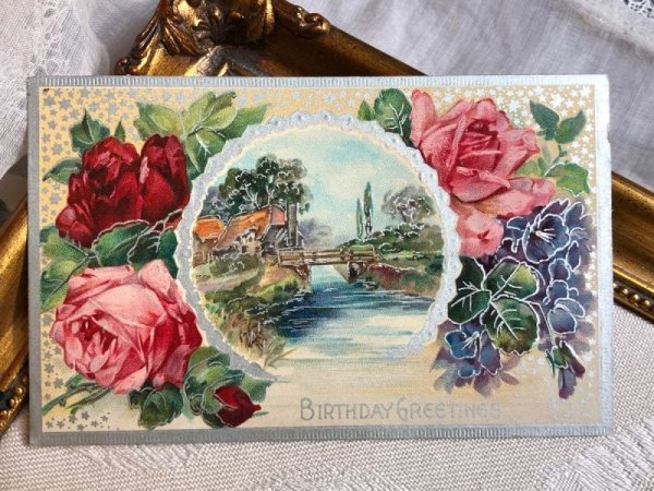 画像1: Postcard　薔薇とスミレのお花　水辺の風景　1910年 (1)