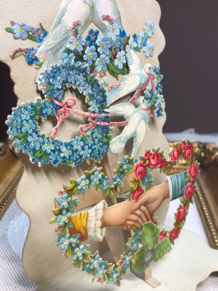 画像4: Vintage Greeting card グリーティングカード　立体カード　薔薇　忘れな草　白鳩　握手する手 (4)