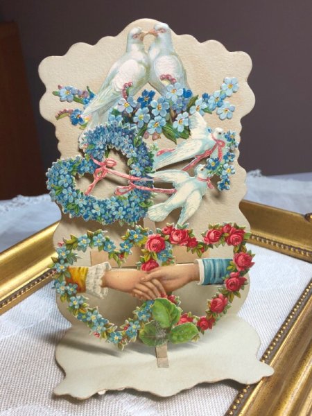 画像2: Vintage Greeting card グリーティングカード　立体カード　薔薇　忘れな草　白鳩　握手する手 (2)